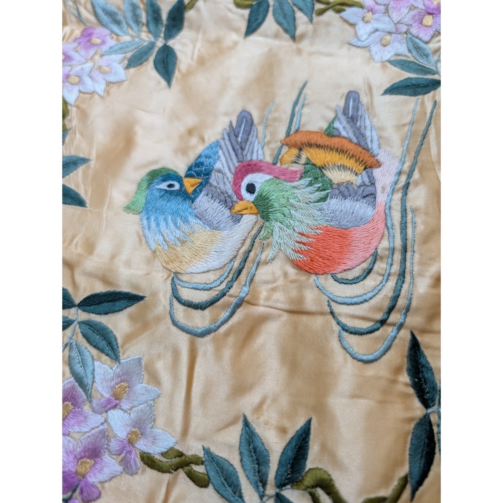 Vtg bai hau Peach Satin Pillow Cover Embroidered Mandarin Ducks Golden Bee 2 - Picture 4 of 10